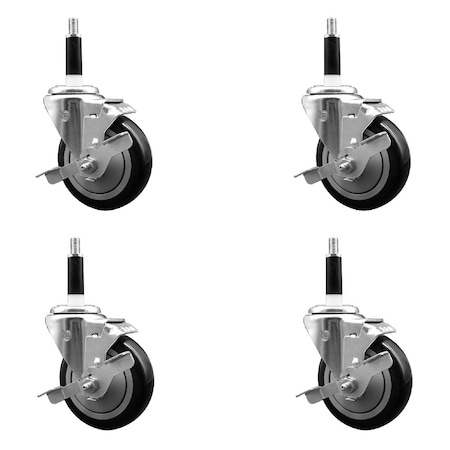 Service Caster 4'' SS Black Poly Swivel 7/8'' Expanding Stem Caster Set with Brake, 4PK SCC-SSEX20S414-PPUB-BLK-TLB-78-4